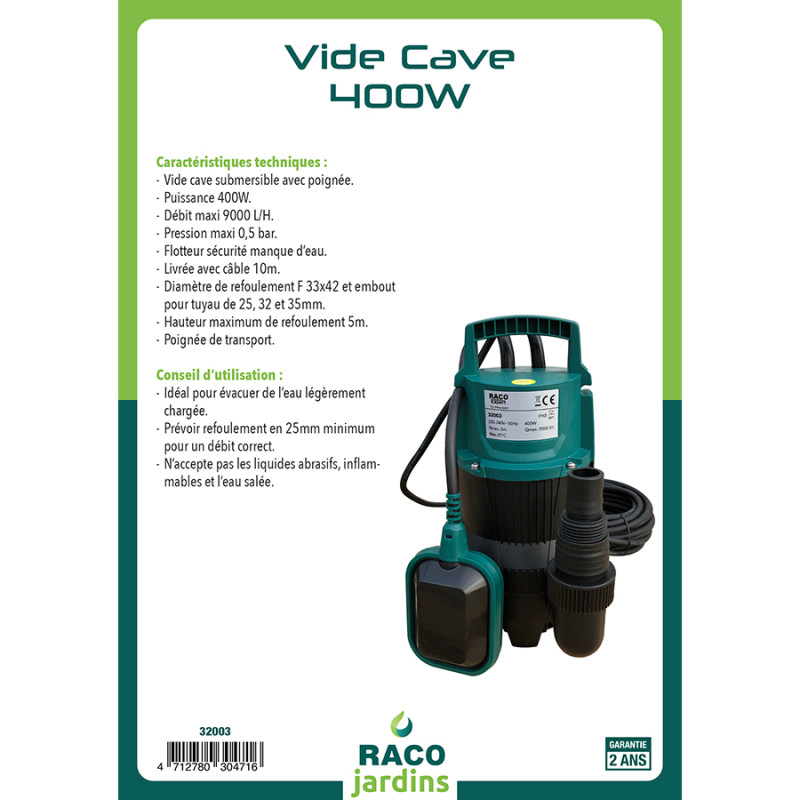 Vide-cave plastique 400W eau chargée (58013/DP-400)