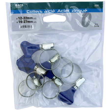 Colliers à clé acier W1 9mm - 12-22mm (x3) - 16x27mm (x3) sachet
